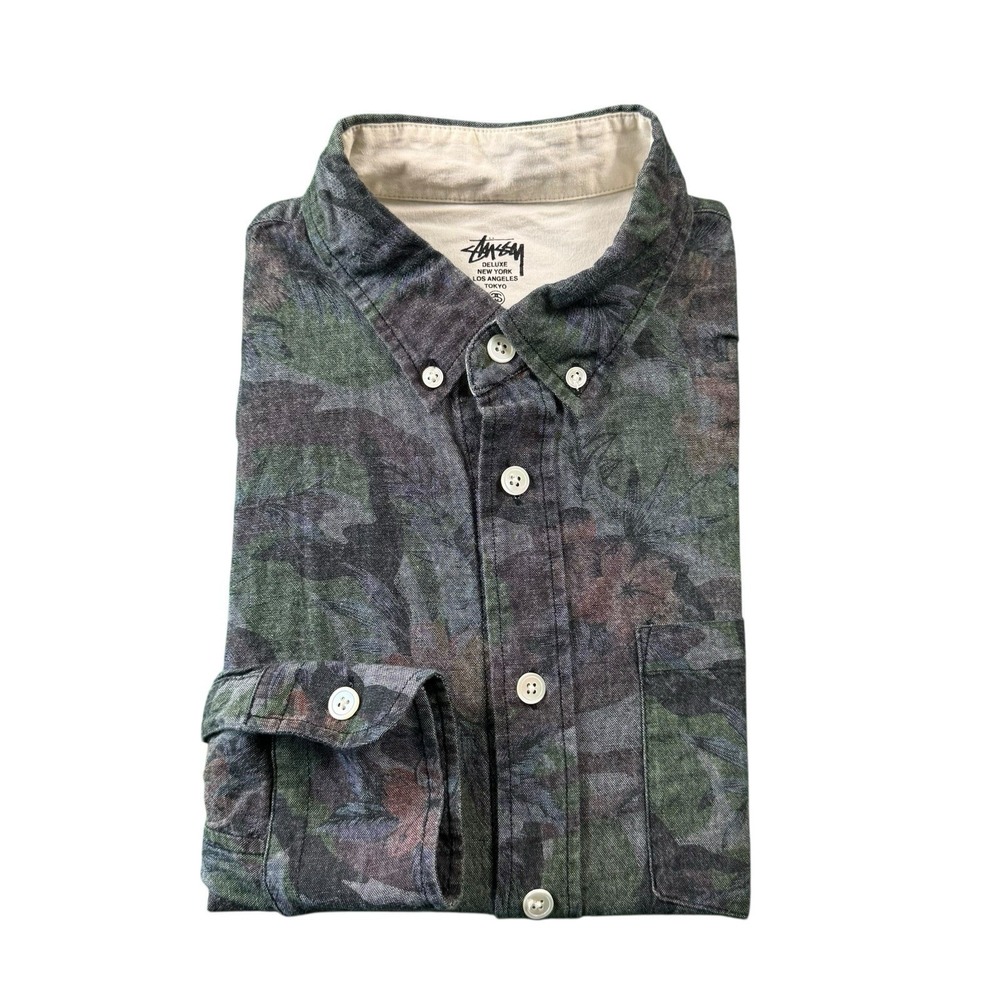 Stussy Deluxe Gray Green Red Floral Button Front Cotton Shirt Mens Small LS